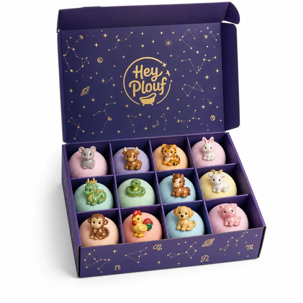Plouf Constellation Surprise Bath Bombs — 12-pack gift box with collectible zodiac toys